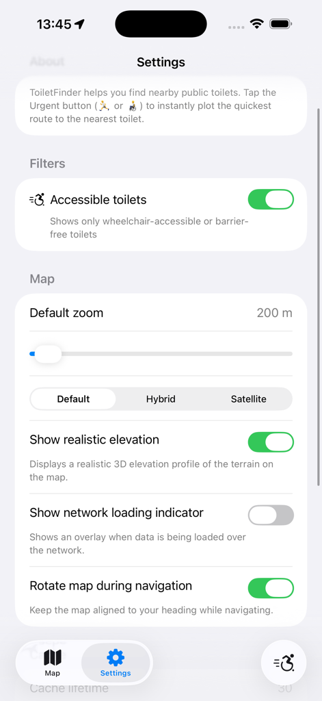 The settings menu of the Toilet Finder app showing the accessible toilets filter and map display options.