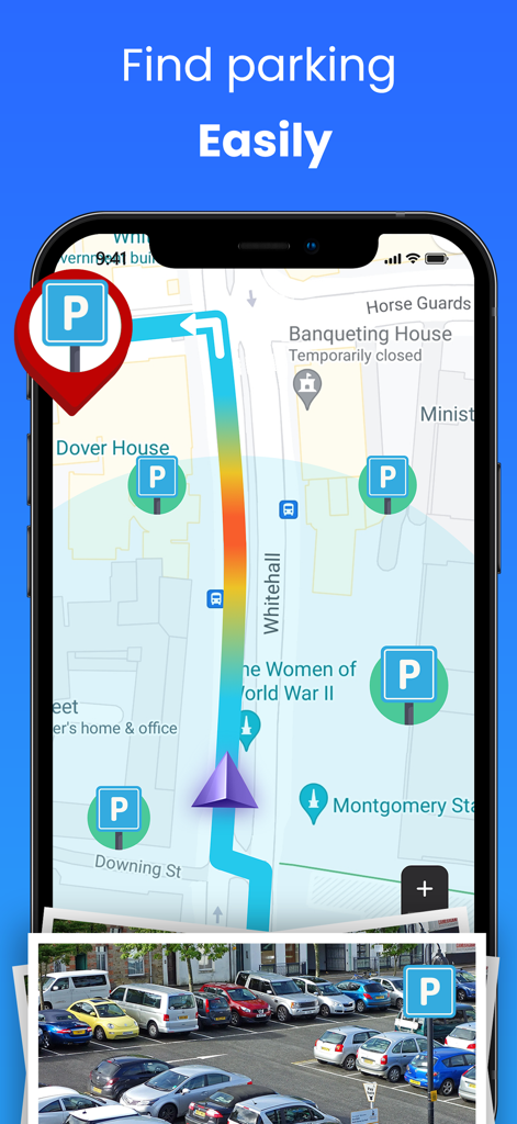 Interface do aplicativo de navegação GPS mostrando vagas de estacionamento disponíveis em um mapa e uma foto do mundo real de um estacionamento