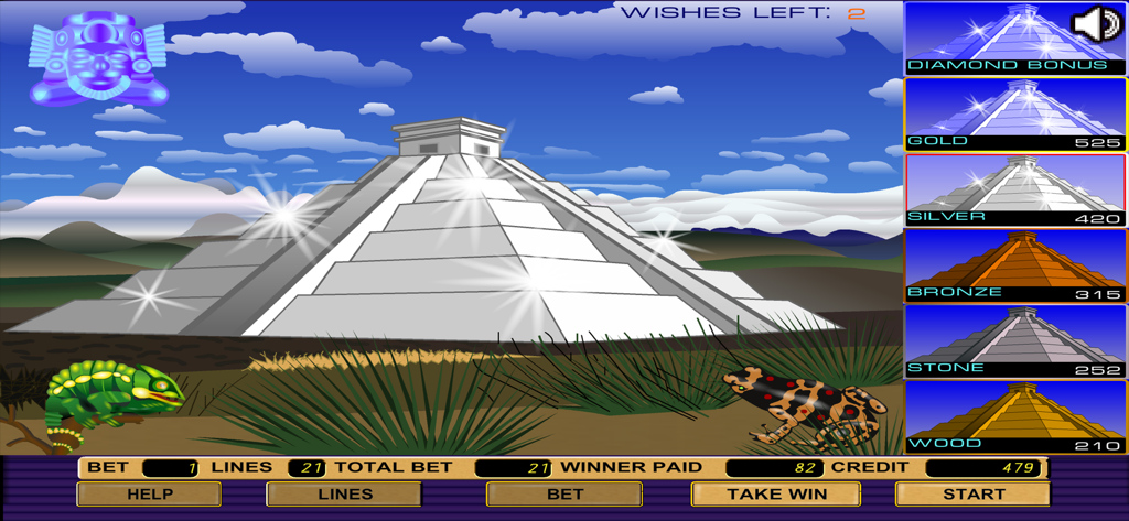 Aztec Gold Slot - Aztec Gold Slot pyramid bonus game screen showing prize levels and a large shining white pyramid.