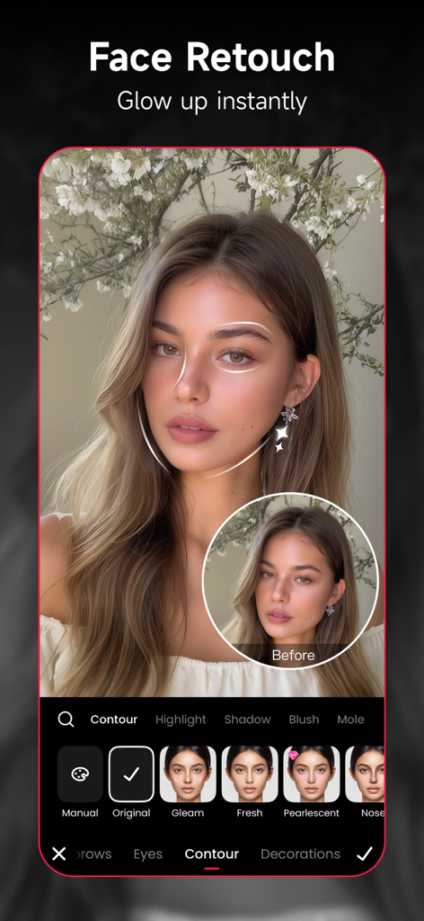 Meitu app interface showing face retouching and contouring tools on a woman's portrait
