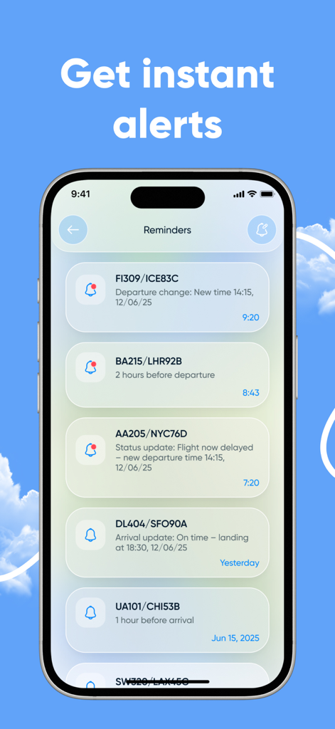 Sky Radar | Plane Finder - Sky Radar app interface showing a list of flight reminders and real-time status alerts for departures and arrivals