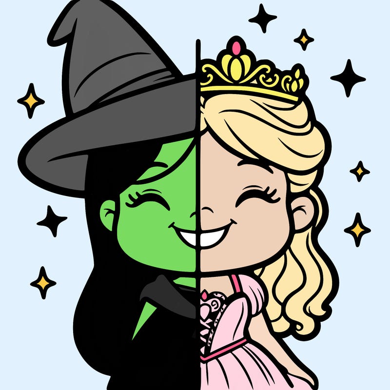 a witch and princess smiling at each other split