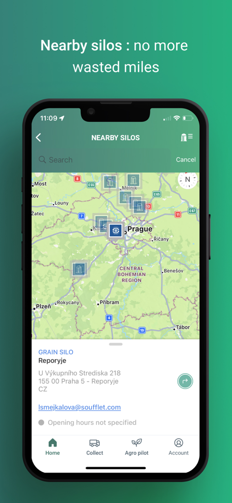 Farmi - Map view in the Farmi app displaying nearby grain silos and location information