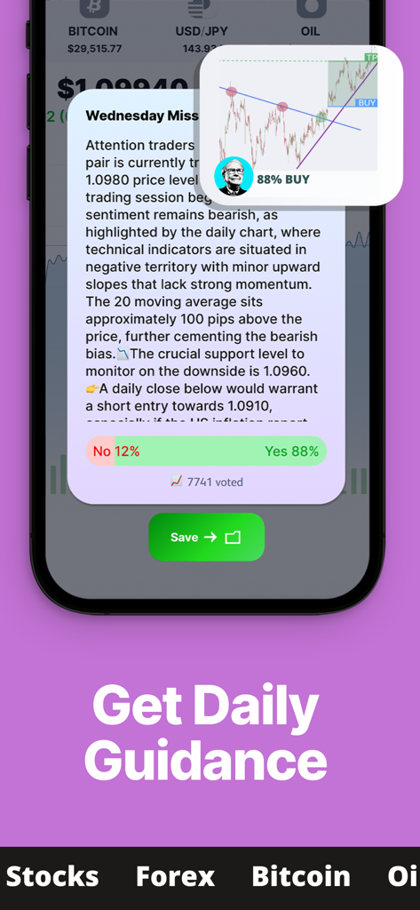 Pantalla de la app móvil GoForex que muestra orientación diaria experta de trading y análisis del sentimiento del mercado.