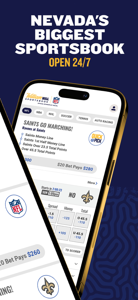 William Hill Nevada - William Hill Nevada sportsbook mobile app showing NFL betting odds and the Quick Pick parlay feature on a smartphone