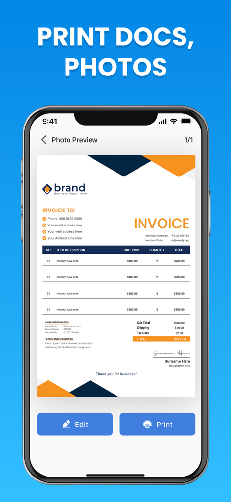Mobile Print:Scanner & Printer - Pantalla del iPhone mostrando una vista previa de una factura dentro de la aplicación Mobile Print con botones de edición e impresión.