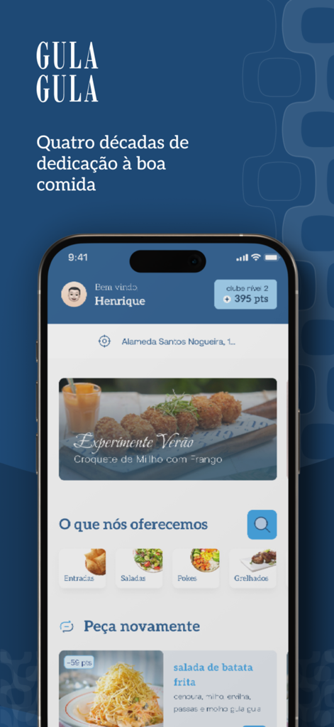 Gula Gula App - Home screen of the Gula Gula App featuring menu categories and a loyalty rewards counter