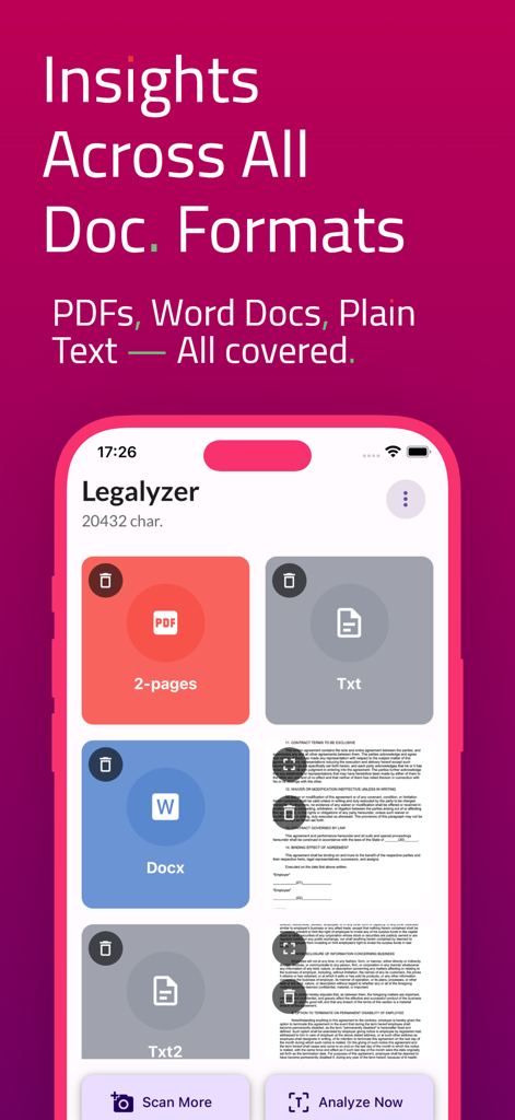 AI Legal Contract Analyzer - Interfaccia dell'app Legalyzer che mostra il supporto per l'analisi di vari formati di documenti legali come PDF, Word e testo semplice.