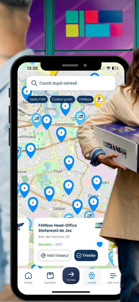 Eine mobile App-Oberfläche, die eine Karte mit mehreren Kurier-Abhol- und Abgabestellen anzeigt, die mit blauen Stecknadeln gekennzeichnet sind.