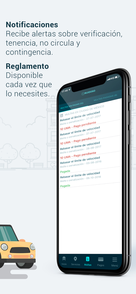 Auto Chilango - Ein Smartphone-Bildschirm, der den Bereich Verkehrsbussen und -vorschriften der Auto Chilango App anzeigt