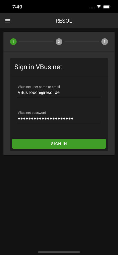 VBus®Touch FK - VBus.net login screen for remote boiler monitoring