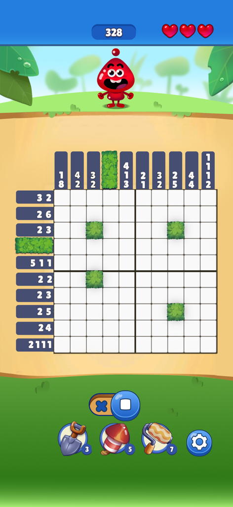 Nonogram Crossing Logic Puzzle - Ein skurriles Nonogramm-Logikrätselgitter mit einem niedlichen Charakter und Spielwerkzeugen.
