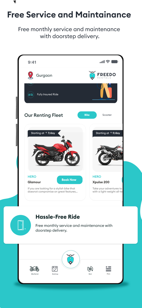 Freedo Rentals - Freedo Rentals app screen showing bike rental options and free maintenance service details
