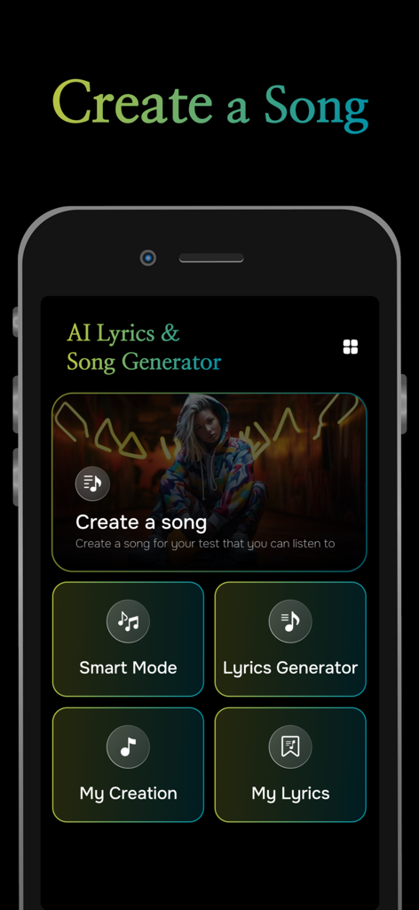 AI Lyrics & Song Generator - Panel principal de la aplicación Generador de Letras y Canciones con IA que muestra botones para Modo Inteligente y Generador de Letras