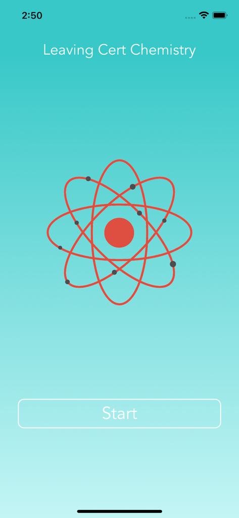 Leaving Cert Chemistry 2025 - Home screen of the Leaving Cert Chemistry app featuring an atom icon and a start button on a blue gradient background.