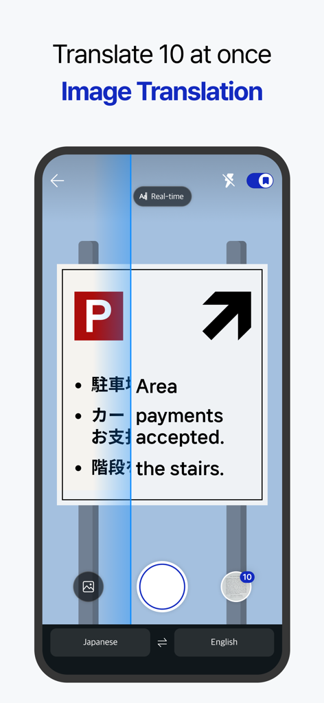 Interfaz de la aplicación Papago Plus que muestra traducción en tiempo real de un letrero japonés al inglés usando la cámara.