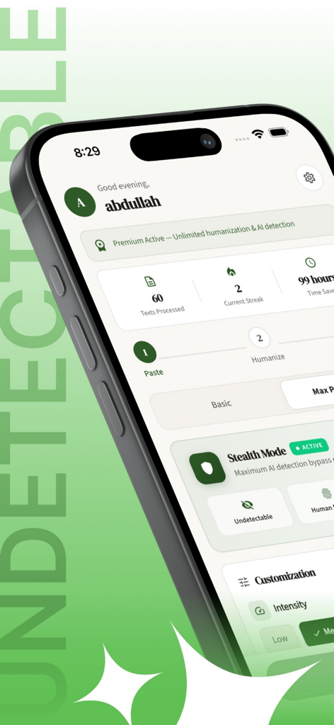 Undetectable AI:Stealth Writer - Undetectable AI Stealth Writer dashboard displaying stealth mode active and humanization statistics on an iPhone.