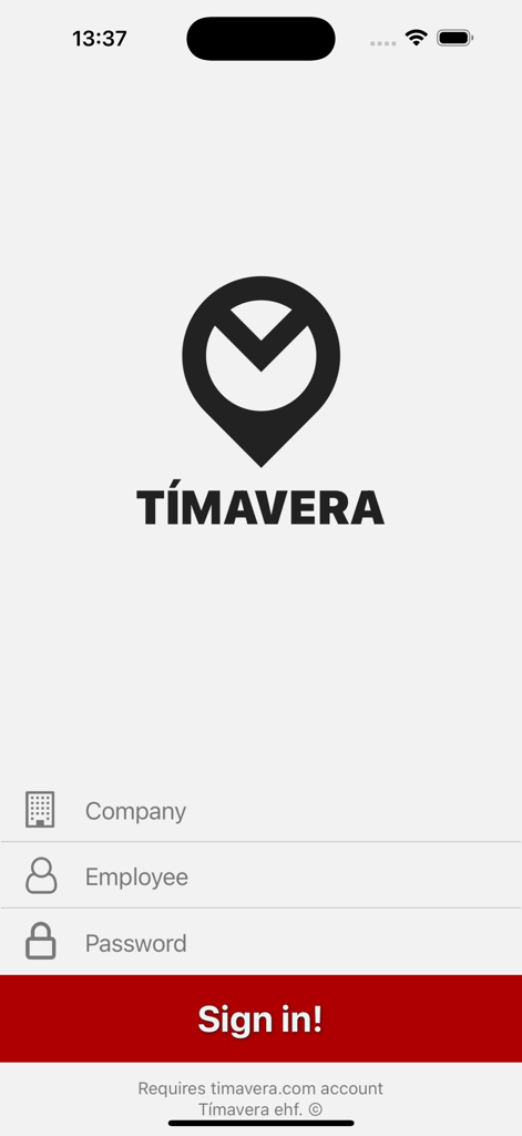 Tímavera - Timavera App-Anmeldebildschirm mit Feldern für Firmenmitarbeiter und Passwort sowie einem roten Anmeldebutton