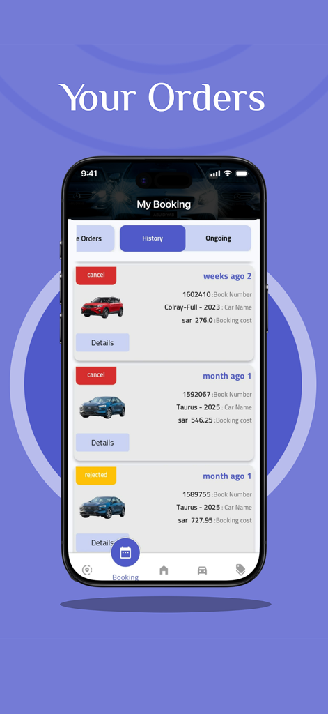 La pantalla del historial de reservas de la aplicación AbuDiyab Car Rental que muestra las reservas de vehículos anteriores y los detalles del pedido.