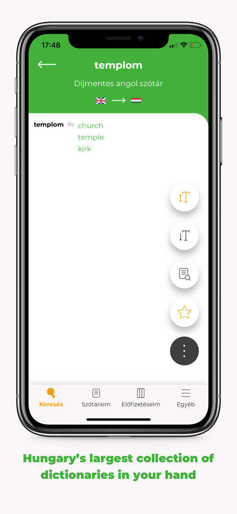 szotar.net - Interface of the szotar.net app showing Hungarian to English translation for the word templom