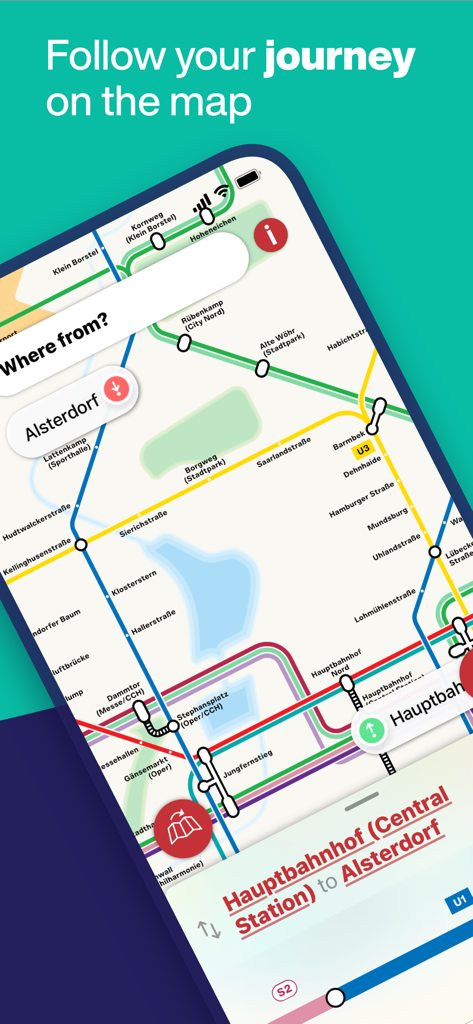 Una captura de pantalla que muestra una ruta de metro planificada en el mapa de transporte de Hamburgo desde la Estación Central hasta Alsterdorf