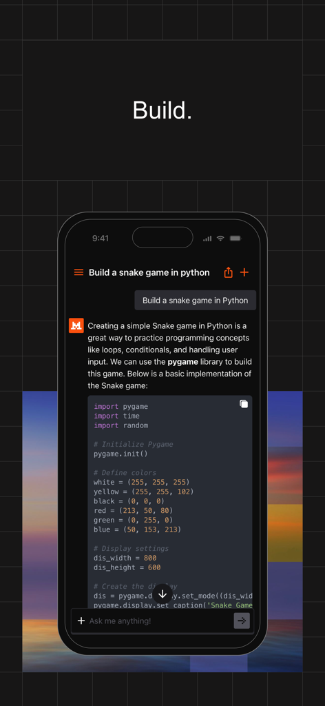 Le Chat by Mistral AI - Smartphone screen showing Le Chat by Mistral AI generating Python code for a snake game