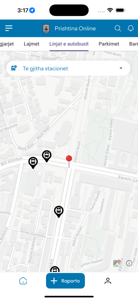 Interfaz de mapa de PrishtinaOnline mostrando estaciones y líneas de autobús en Prishtina