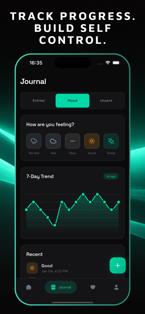 No Contact: HealDays - Interfaccia dell'app HealDays per monitorare gli stati d'animo giornalieri e i progressi emotivi durante il recupero post-rottura.