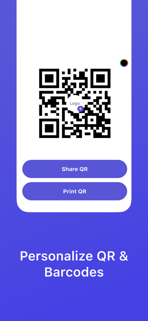 QR Code Pro: scan, generate - Interface do aplicativo móvel para personalizar códigos QR com logotipos e cores personalizadas.