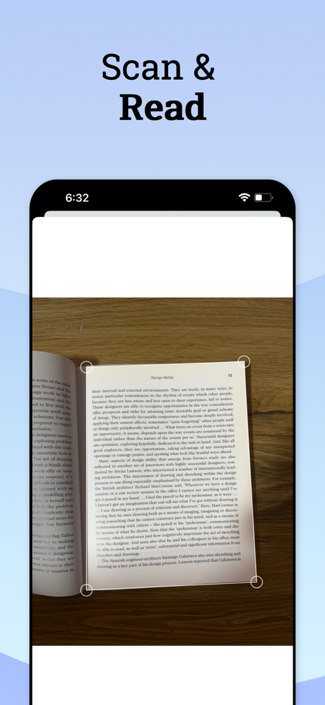A smartphone using OCR technology to scan a physical book page for text-to-speech conversion