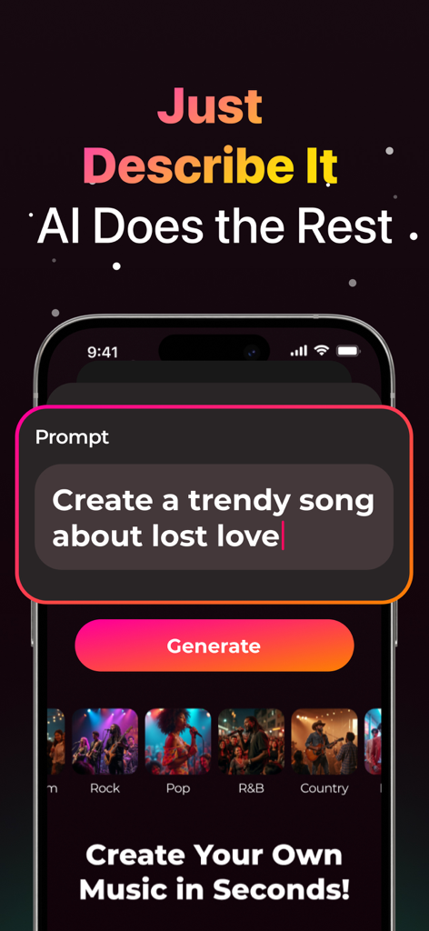 Harmo: Generator Music Song AI - Harmo app interface showing an AI music generation prompt to create a song about lost love.