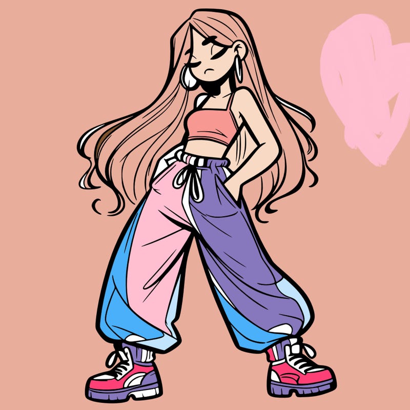 girl in baggy pants crop top and long hair