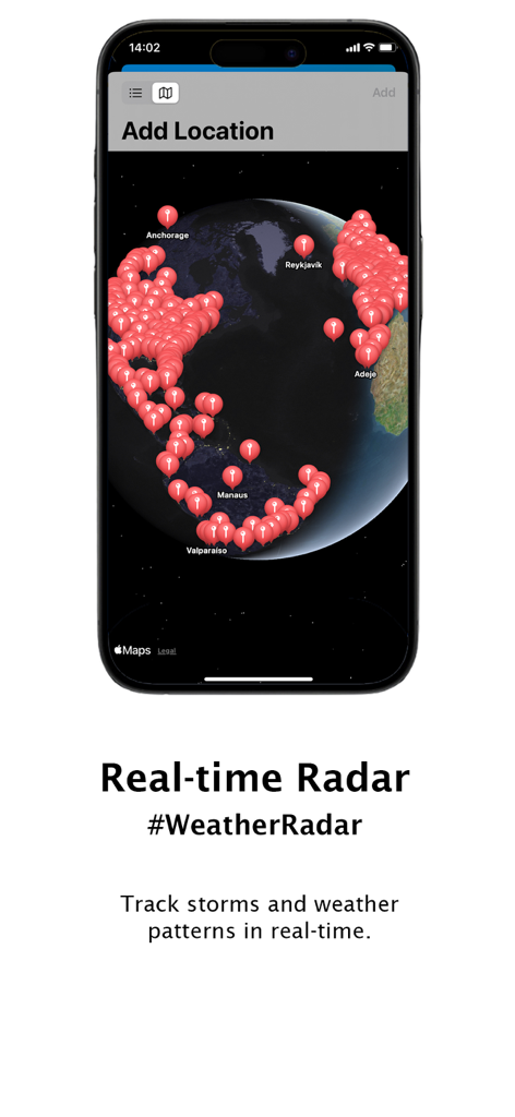 Radar Omega Weather - Forecast - A smartphone screen displaying the Radar Omega Weather app with a global interactive map featuring numerous red location pins for real-time storm tracking.