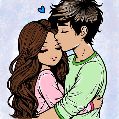 a realistic couple boy and girl hugging and kissing
