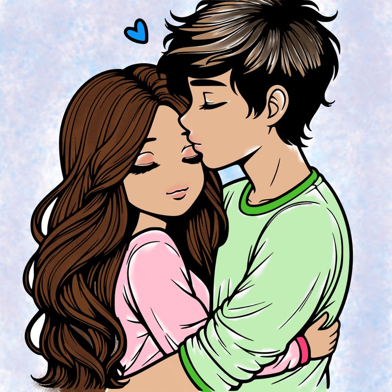 a realistic couple boy and girl hugging and kissing