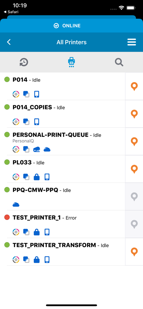 HP Advance - Interface of the HP Advance app displaying a list of authorized enterprise printers with their availability and status