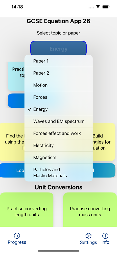 GCSE Equations Physics - A mobile app interface showing a dropdown menu for selecting physics revision topics like Motion, Forces, and Energy.