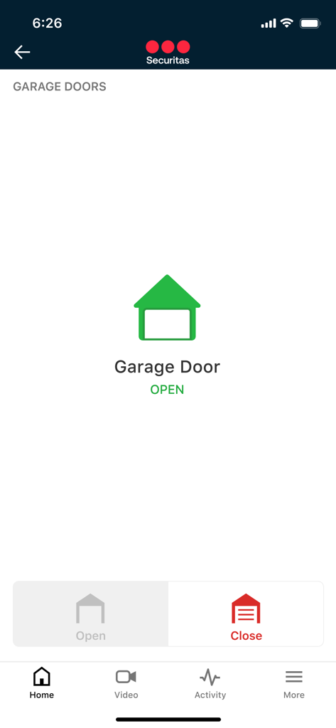 Securitas Connect app showing a remote control interface for a garage door with status open