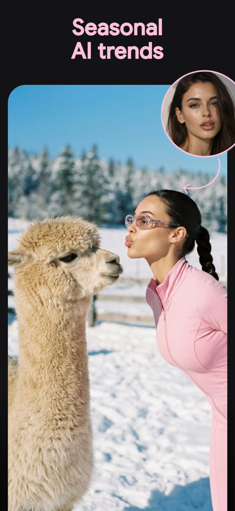 AI generated photo of a woman in pink kissing an alpaca in a snowy landscape showcasing seasonal trends