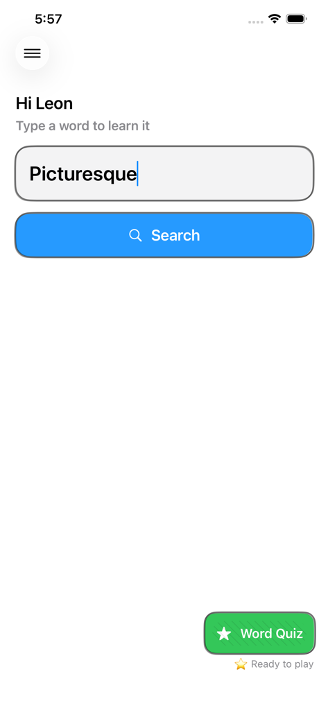 Smart Dictionary - Search screen of the Smart Dictionary app featuring a word entry for picturesque and a button to start a word quiz