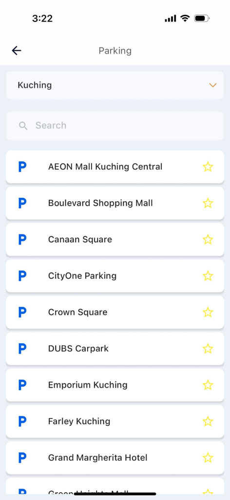 Pay & Go - A list of parking locations in Kuching within the Pay and Go app interface