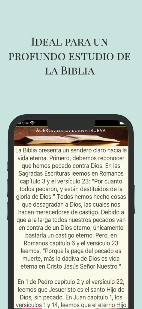 Ein mobiler Bildschirm, der tiefgründigen Bibelstudientext auf Spanisch über die Gute Nachricht zeigt.