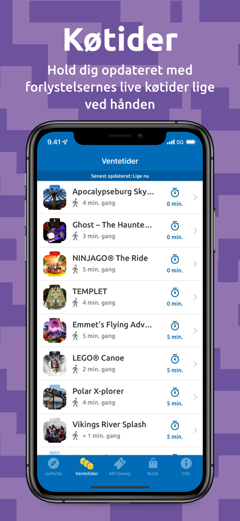 Oberfläche der LEGOLAND Billund App, die Live-Wartezeiten und Gehwege zu Attraktionen im Vergnügungspark anzeigt