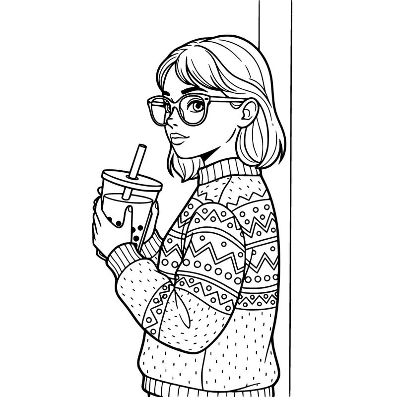 girl with glasses and sweater not showing her legs holding boba