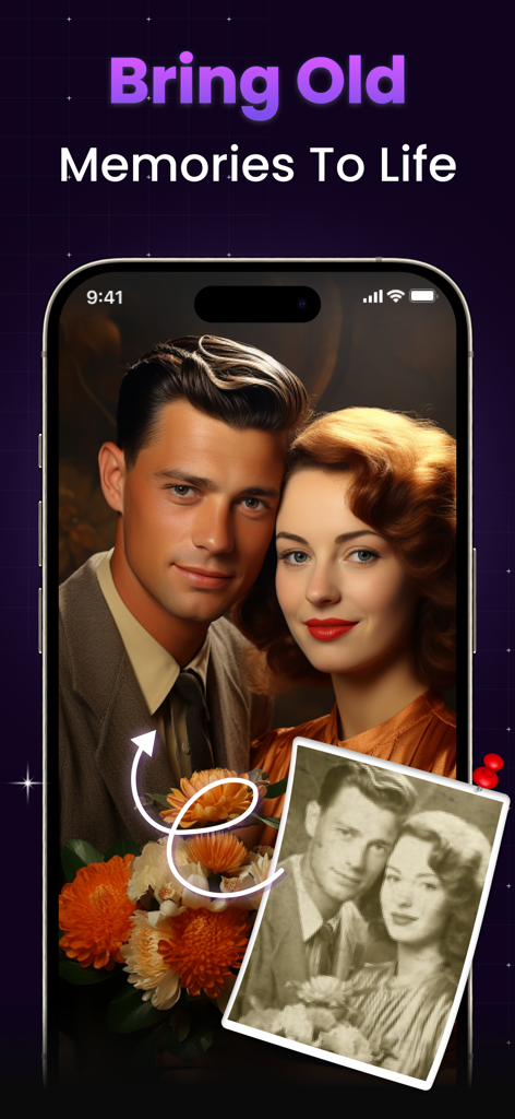 AI Photo Enhancer - AI Enhance - AI 사진 향상기가 흑백 부부 사진을 복원하고 색칠하는 모습