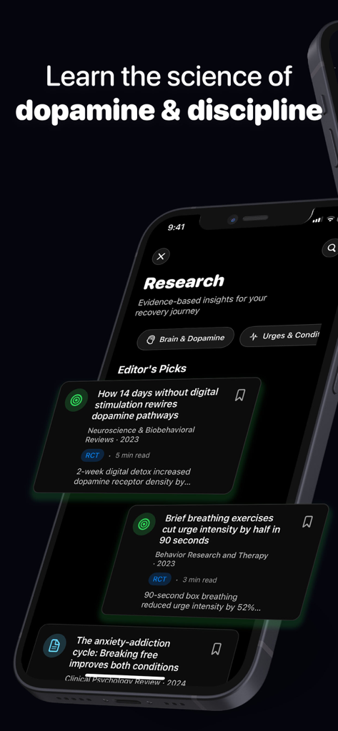 Rewired app screen displaying evidence-based research articles on dopamine and addiction recovery