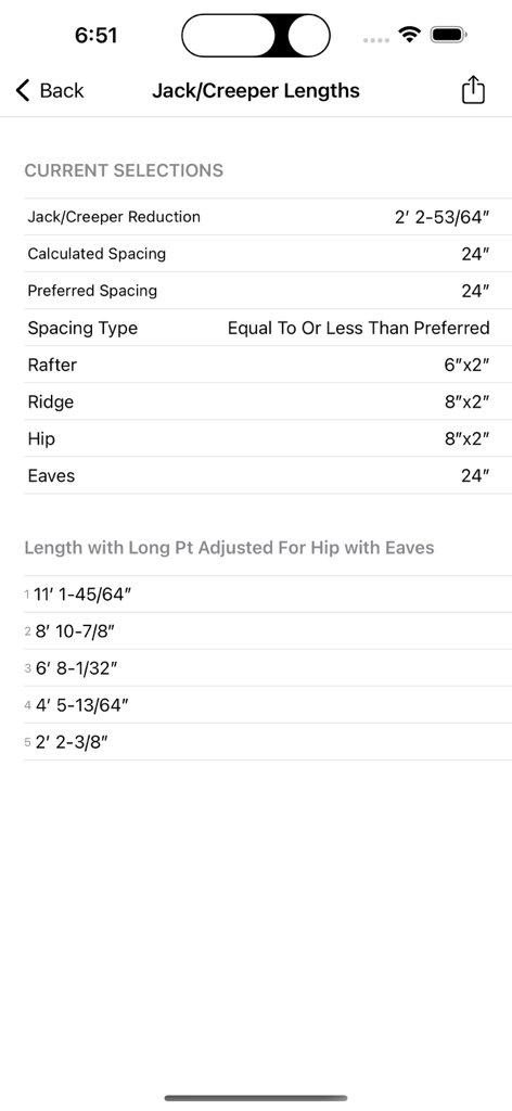 잭(jack) 및 크리퍼(creeper) 서까래 길이에 대한 전문 지붕 골조 계산을 보여주는 RoofCalc 앱 화면