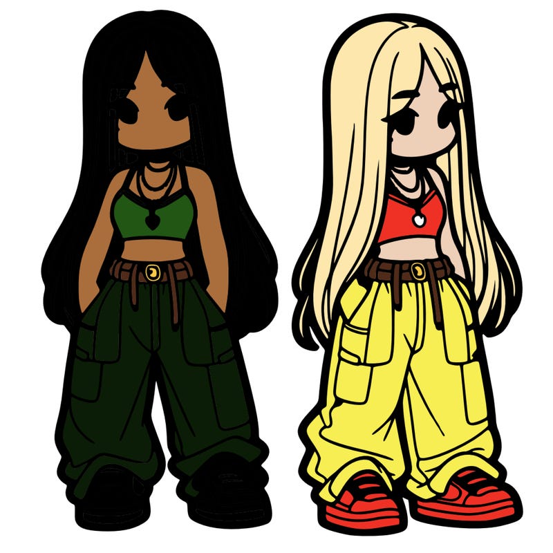 girl in baggy pants crop top and long hair