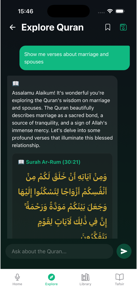 AI chat interface in Quran Snap app providing verses about marriage from Surah Ar-Rum.