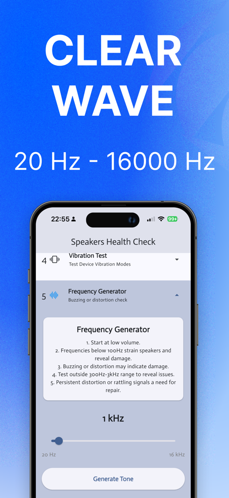 Clear Wave: Water Eject Tone - Interface of the Clear Wave app showing the frequency generator tool and speaker health check features